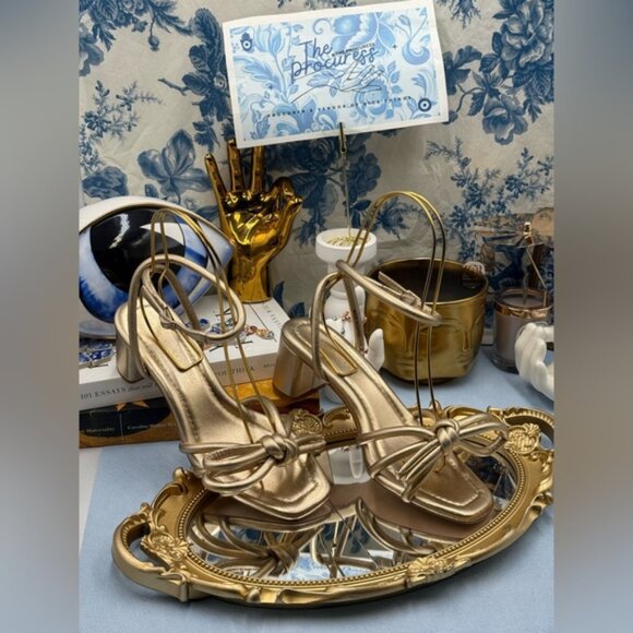 🆕 LOEFFLER RANDALL 🧿 NWOB Mikel Leather Bow Heel Sandal, Gold Leather - Sz 6.5 - Picture 2 of 16